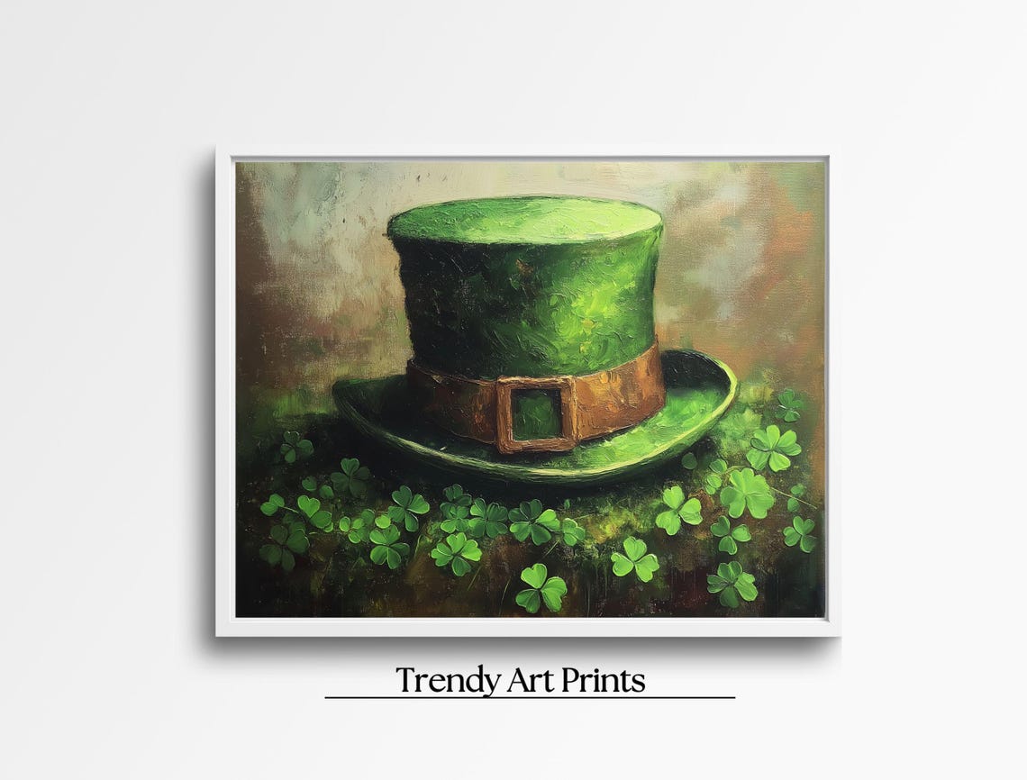 Lucky Green Leprechaun Top Hat Shamrock Field Irish Art Print - Image 6