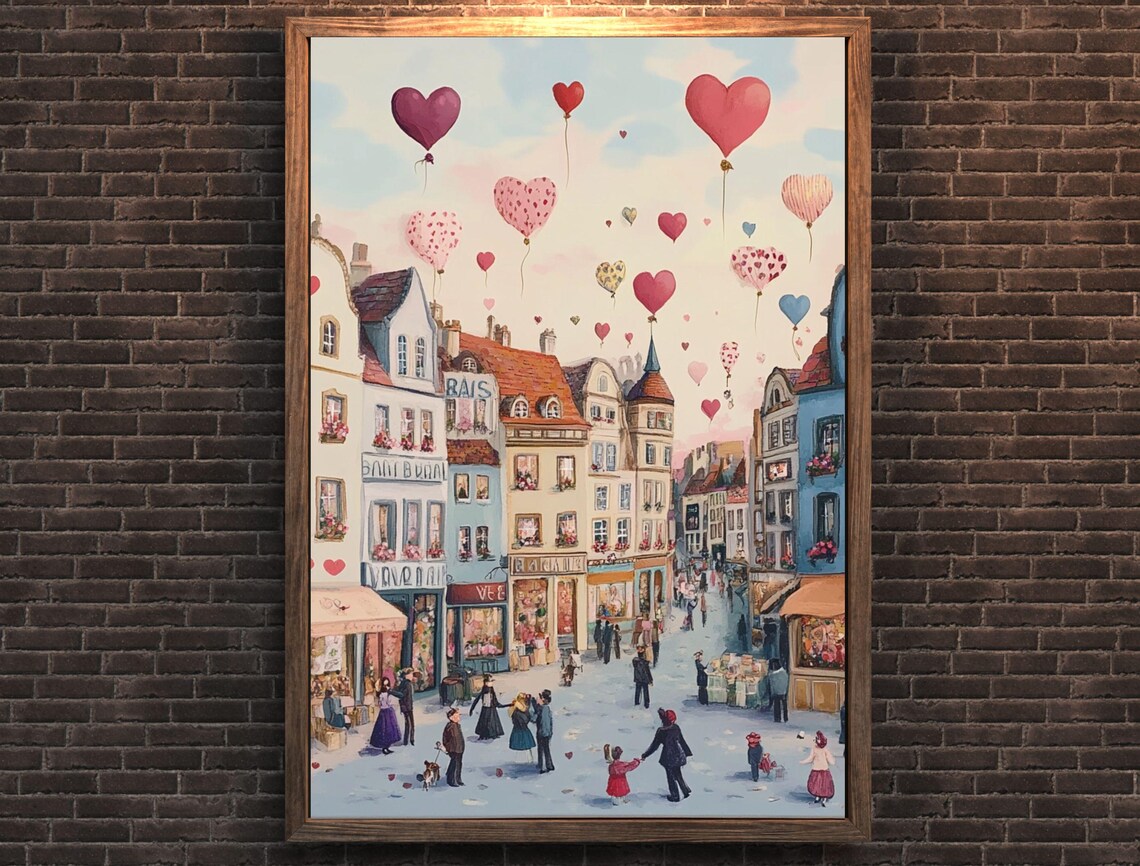 Sunny European Old Town Street Heart Balloons Painterly Art Print - Image 7