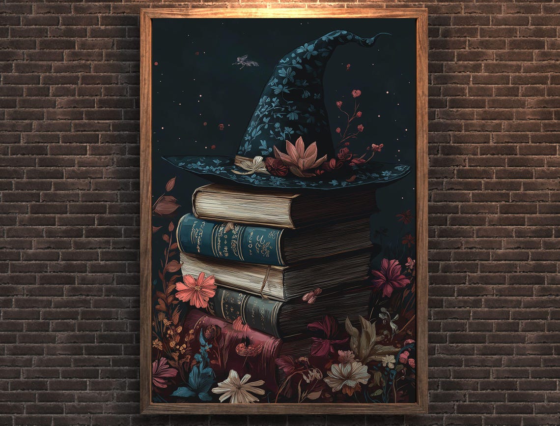 Witch Hat on Stack of Spell Books Floral Night Sky Halloween Poster - Image 6
