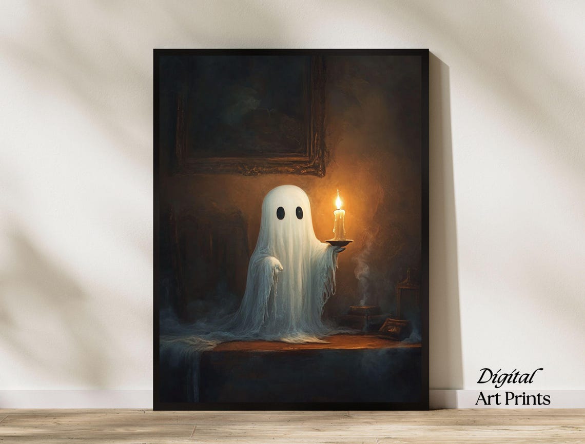 Cute Small Ghost Holding Candle Victorian Panting Dark Academia Room Decor Instant Spooky Halloween Ghost Art
