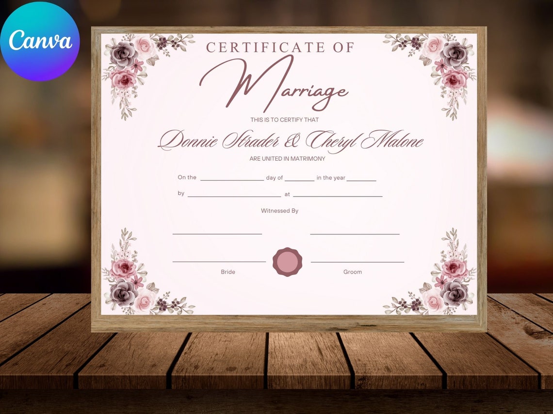 Editable Marriage Certificate Template Dusty Rose Floral Canva Print