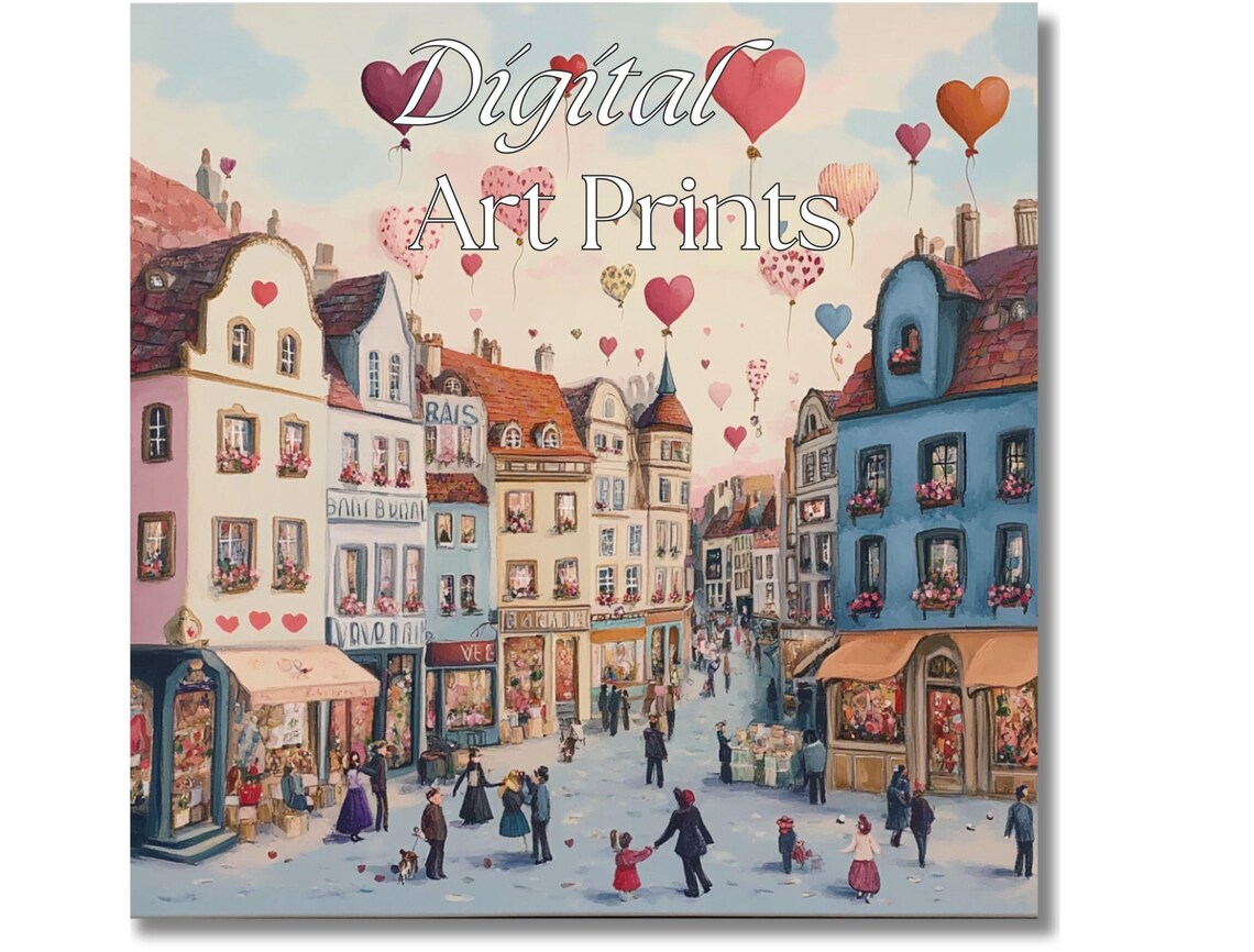 Sunny European Old Town Street Heart Balloons Painterly Art Print - Image 2