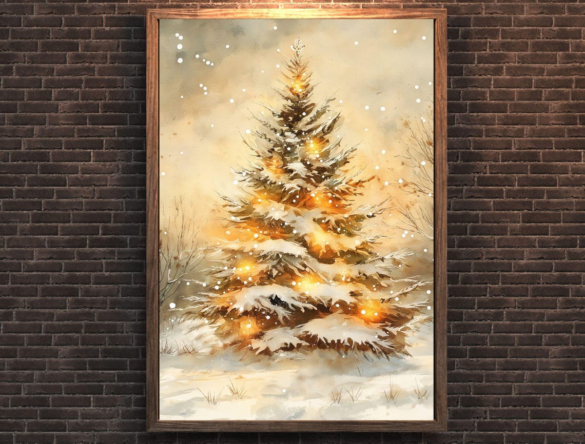 Glowing Snow Covered Pine Tree Winter Watercolor Holiday Poster - Image 7