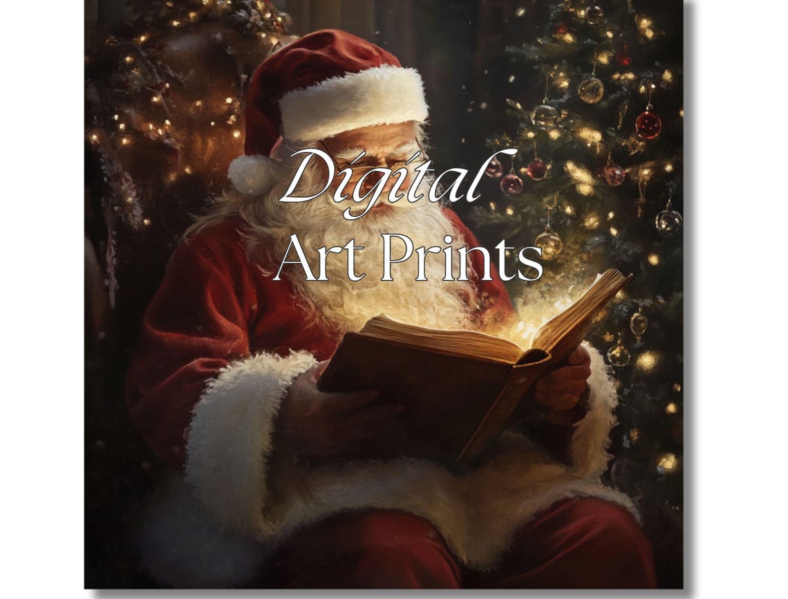 Santa Claus Reading Glowing Book by Christmas Tree Cozy Art Poster - Image 2