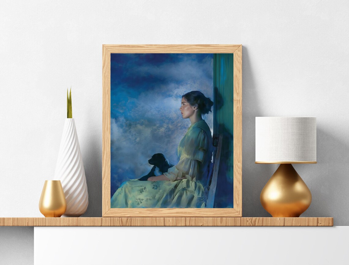 Blue Evening Moody Woman Portrait With Dog Vintage Painting Poster - Image 6