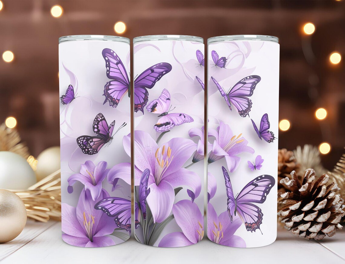 Butterflies Floral Purple 20oz Skinny Seamless Tumbler Wrap Png Sublimation Tumbler Template
