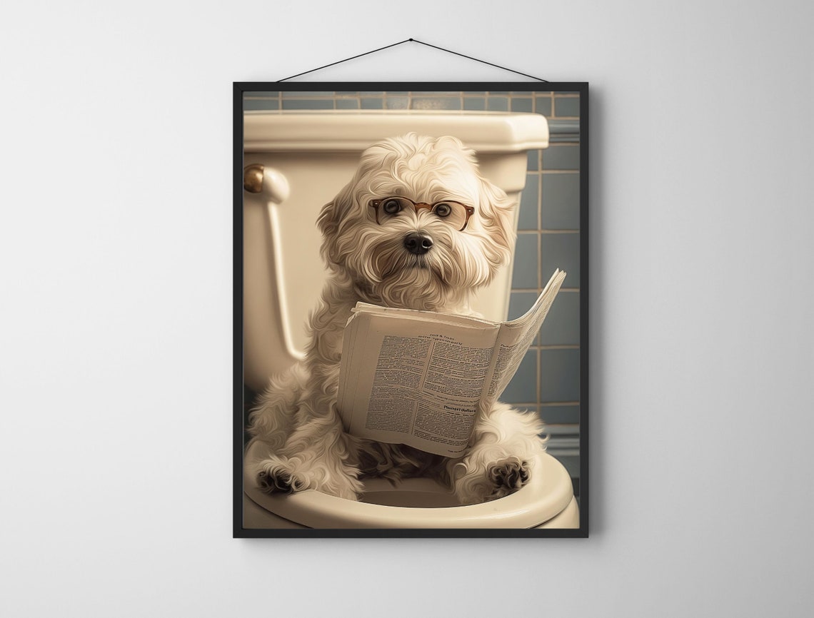 Funny White Dog Reading Newspaper on Toilet Vintage Bathroom Poster - Image 3