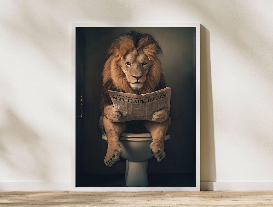 Funny Lion Sitting on Toilet Reading Newspaper Bathroom Art Print - Image 7
