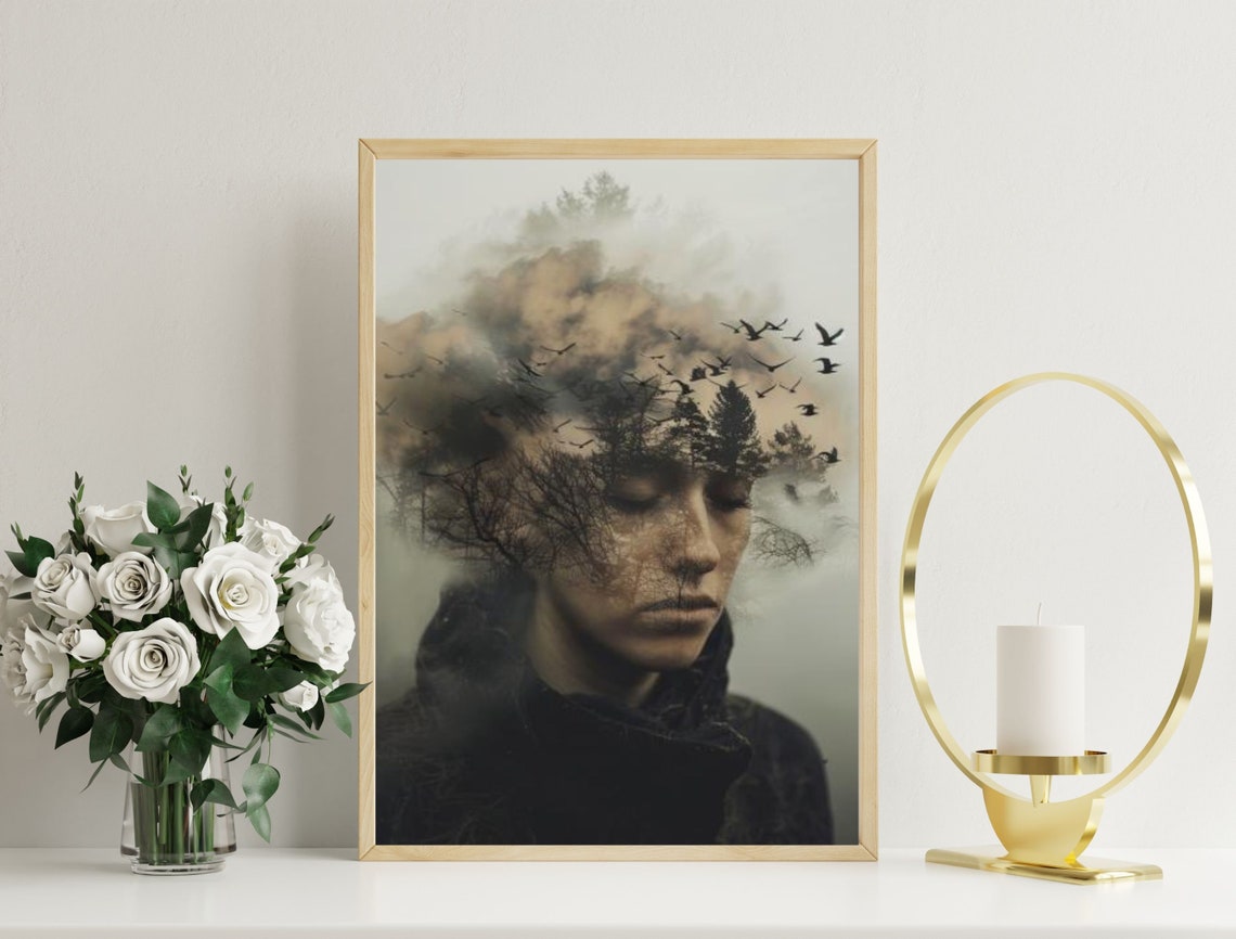 Double Exposure Woman Forest Birds Misty Surreal Artistic Wall Art - Image 4