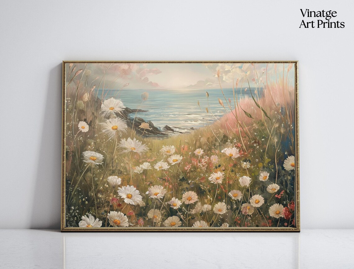 White Daisies Coastal Cliff Sea View Vintage Floral Art Poster