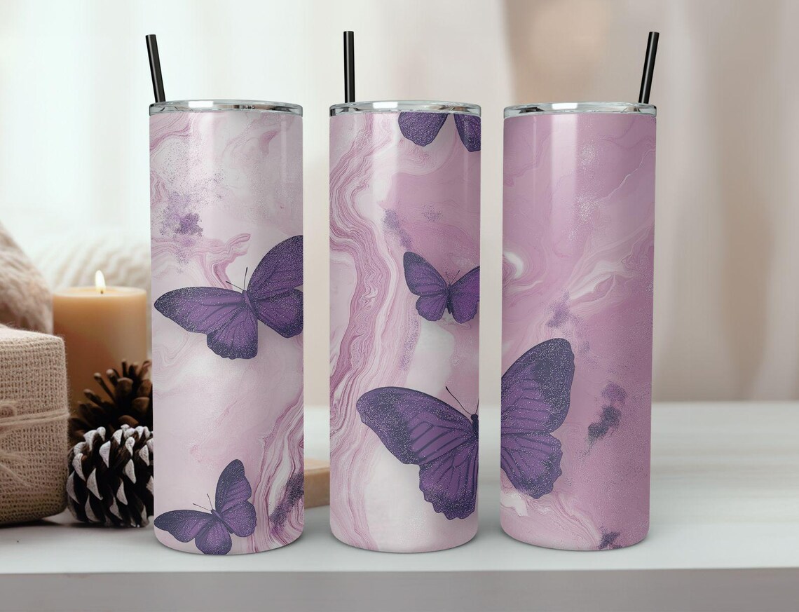 Purple Butterfly Pink Marble Swirl Tumbler Wrap Design Print - Image 6