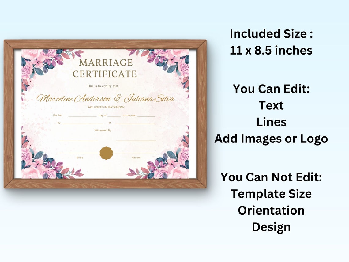 Editable Marriage Certificate Template Watercolor Floral Canva Print - Image 2