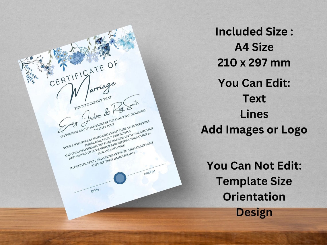Marriage Certificate Template Blue Floral Watercolor Keepsake Print - Image 3