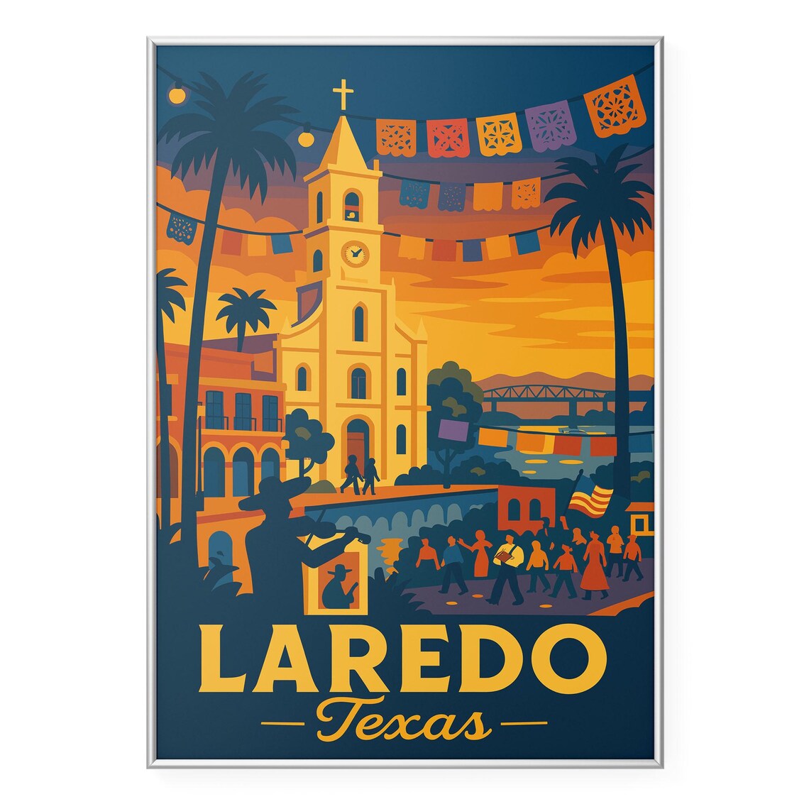 Laredo Texas Fiesta Scene Church Tower Vintage Travel Poster
