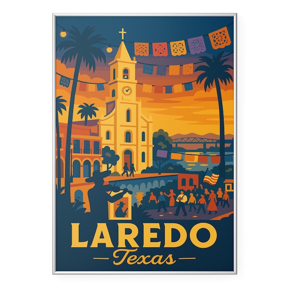 Laredo Texas Fiesta Scene Church Tower Vintage Travel Poster