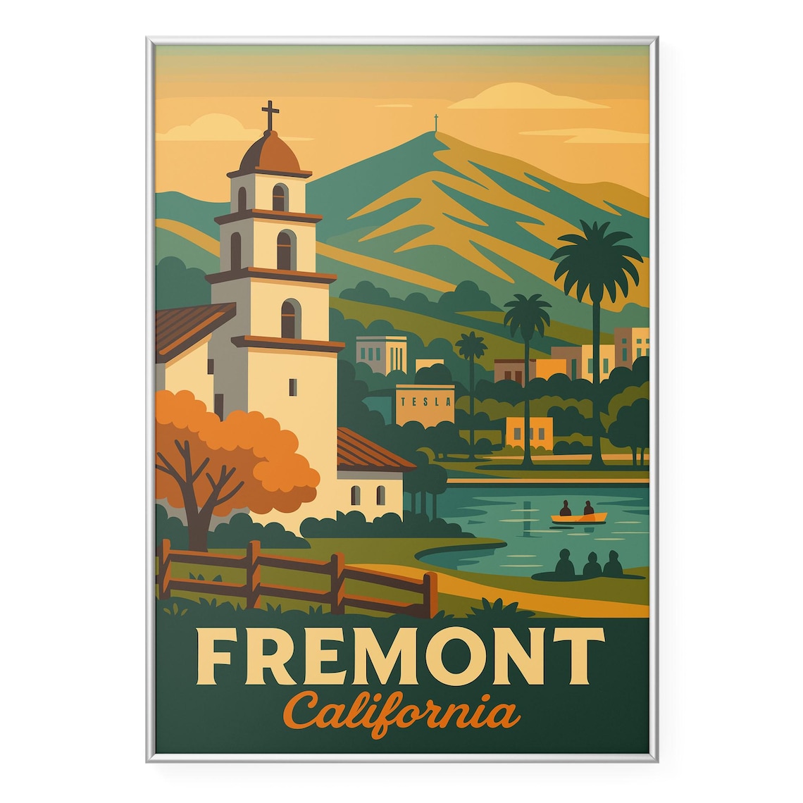 Fremont California Vintage Mission Church Lake Sunset Poster