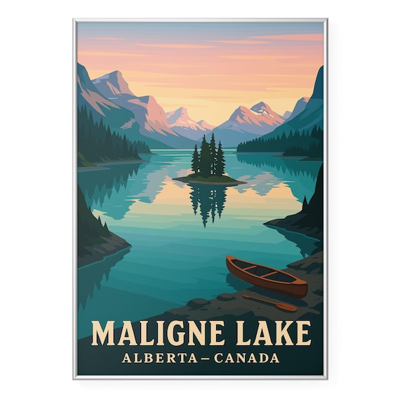 Maligne Lake Alberta Spirit Island Canoe Illustration Travel Poster