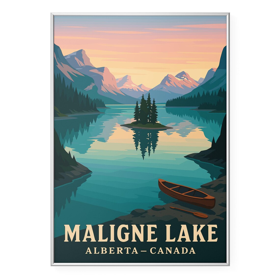 Maligne Lake Alberta Spirit Island Canoe Illustration Travel Poster