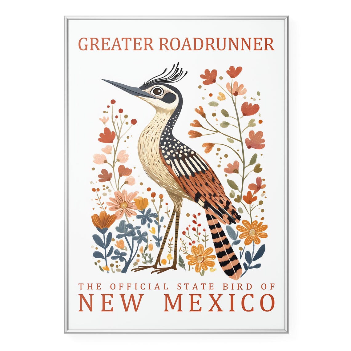Greater Roadrunner New Mexico State Bird Botanical Art Poster
