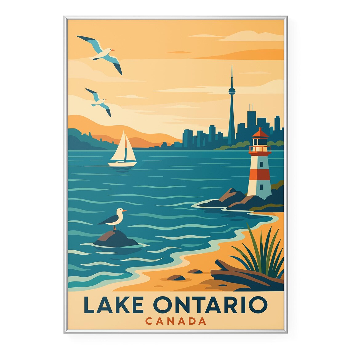 Lake Ontario Canada Toronto Skyline Lighthouse Sailboat Travel Poster