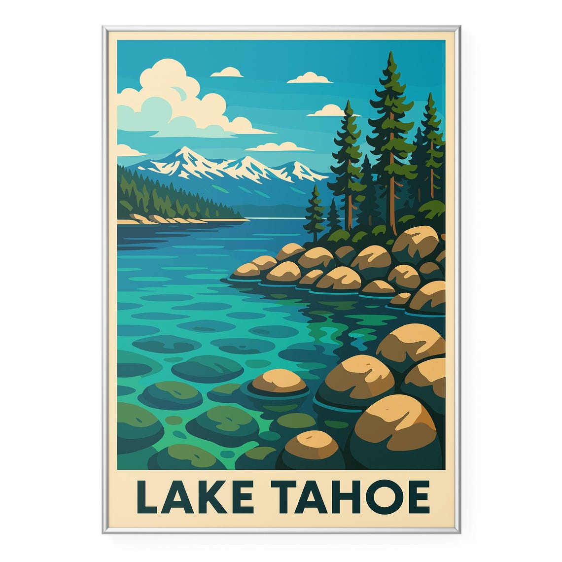 Vintage Lake Tahoe Sierra Nevada Mountain Travel Poster Retro Style