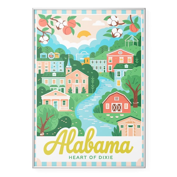 Alabama Heart Of Dixie Peach Cotton Historic Town River Retro Travel Poster