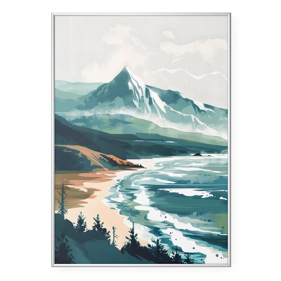 Snowy Mountain Peak Rising Above Ocean Coast Landscape Art Poster