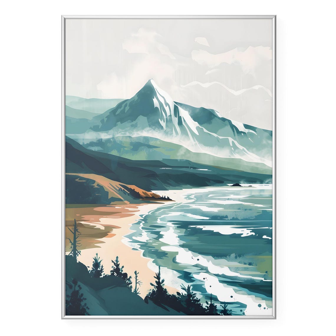 Snowy Mountain Peak Rising Above Ocean Coast Landscape Art Poster