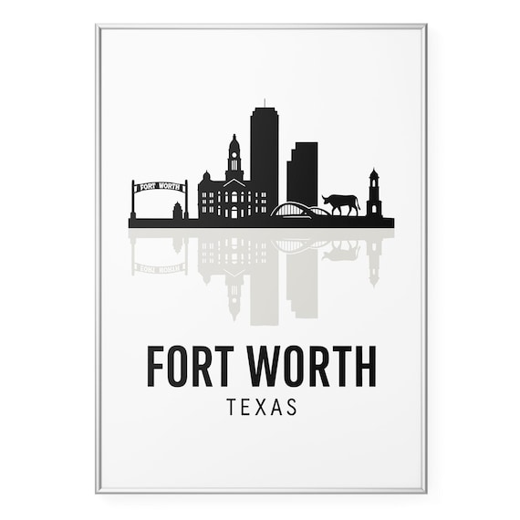 Fort Worth Texas Black Skyline Silhouette Poster with Longhorn Steer
