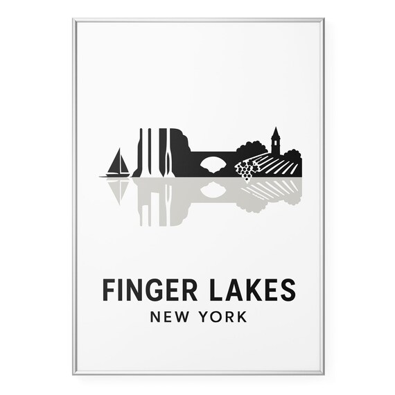 Finger Lakes New York Waterfall Vineyard Silhouette Travel Poster