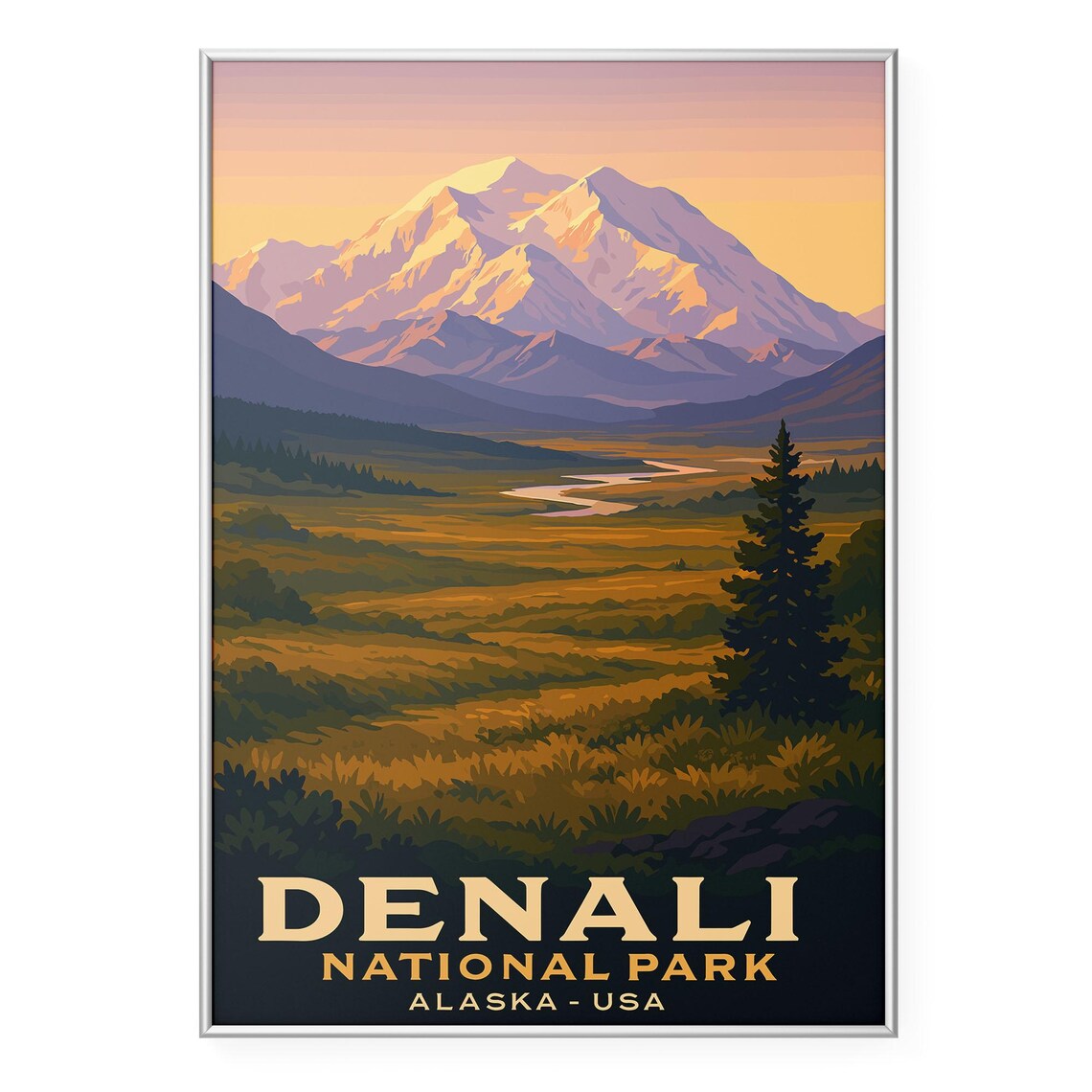 Denali National Park Alaska Snow Peak Valley Golden Sunset Poster