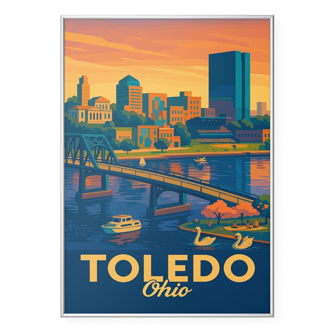 Toledo Ohio Sunset Riverfront Skyline Retro Travel Illustration Poster
