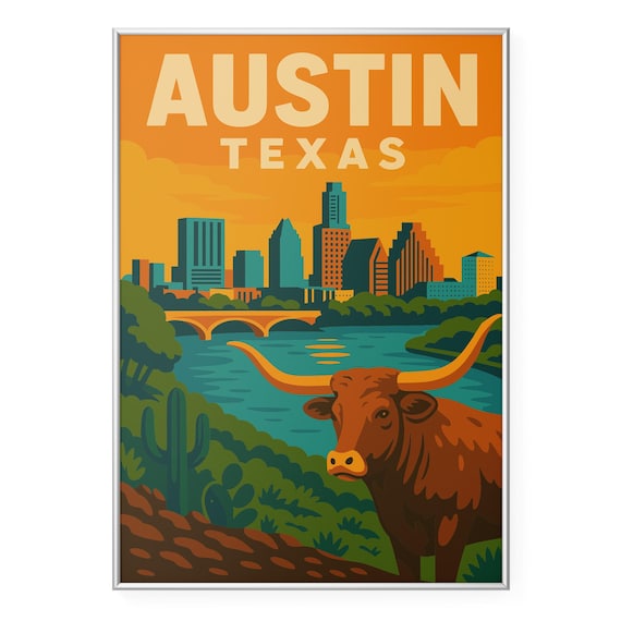 Austin Texas Longhorn Skyline Sunset Retro Travel Illustration Poster