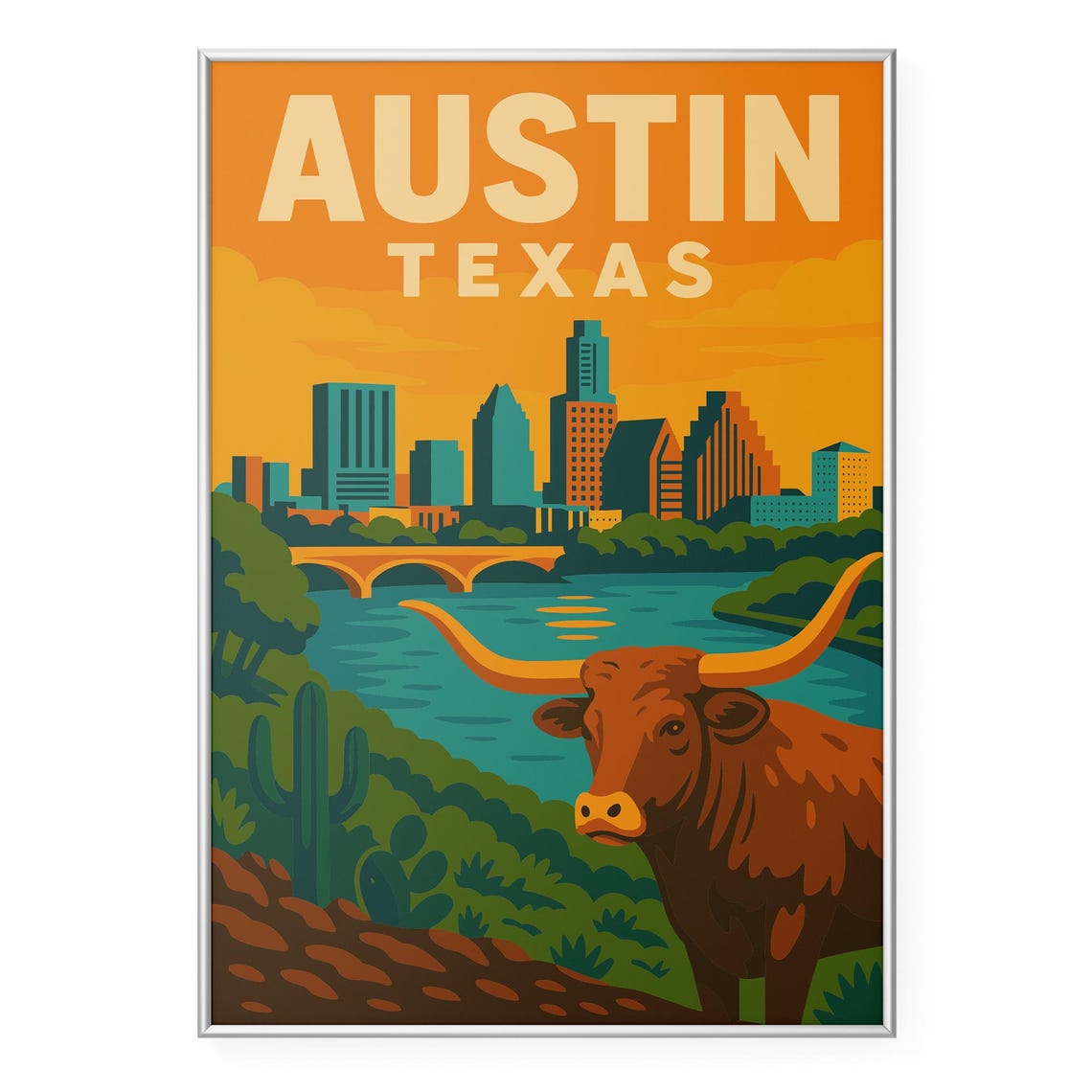 Austin Texas Longhorn Skyline Sunset Retro Travel Illustration Poster