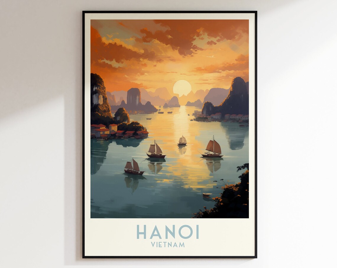 Hanoi Vietnam Sunset Bay Limestone Karsts Sailboats Travel Poster