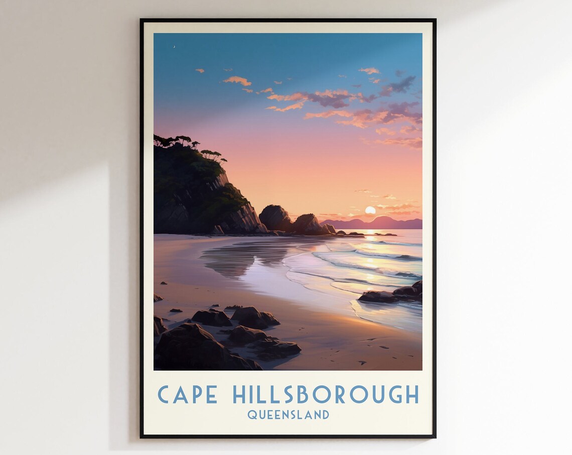 Cape Hillsborough Queensland Rocky Beach Sunset Travel Poster