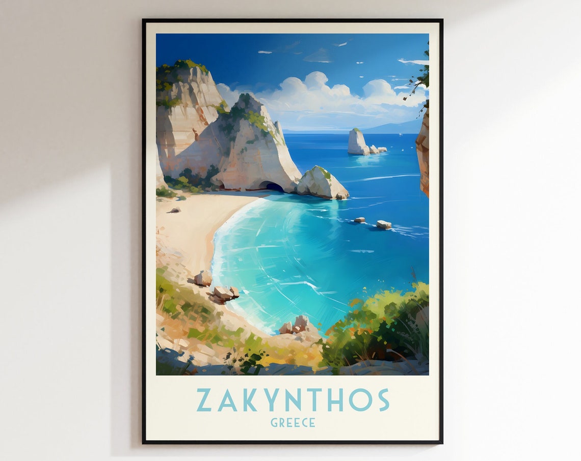 Zakynthos Greece Dramatic Cliffs Turquoise Beach Cove Travel Poster