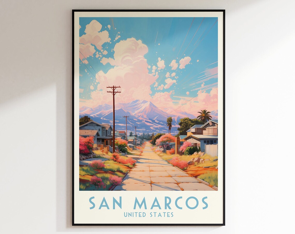 San Marcos Street Mountainside Blossoms Spring Travel Poster
