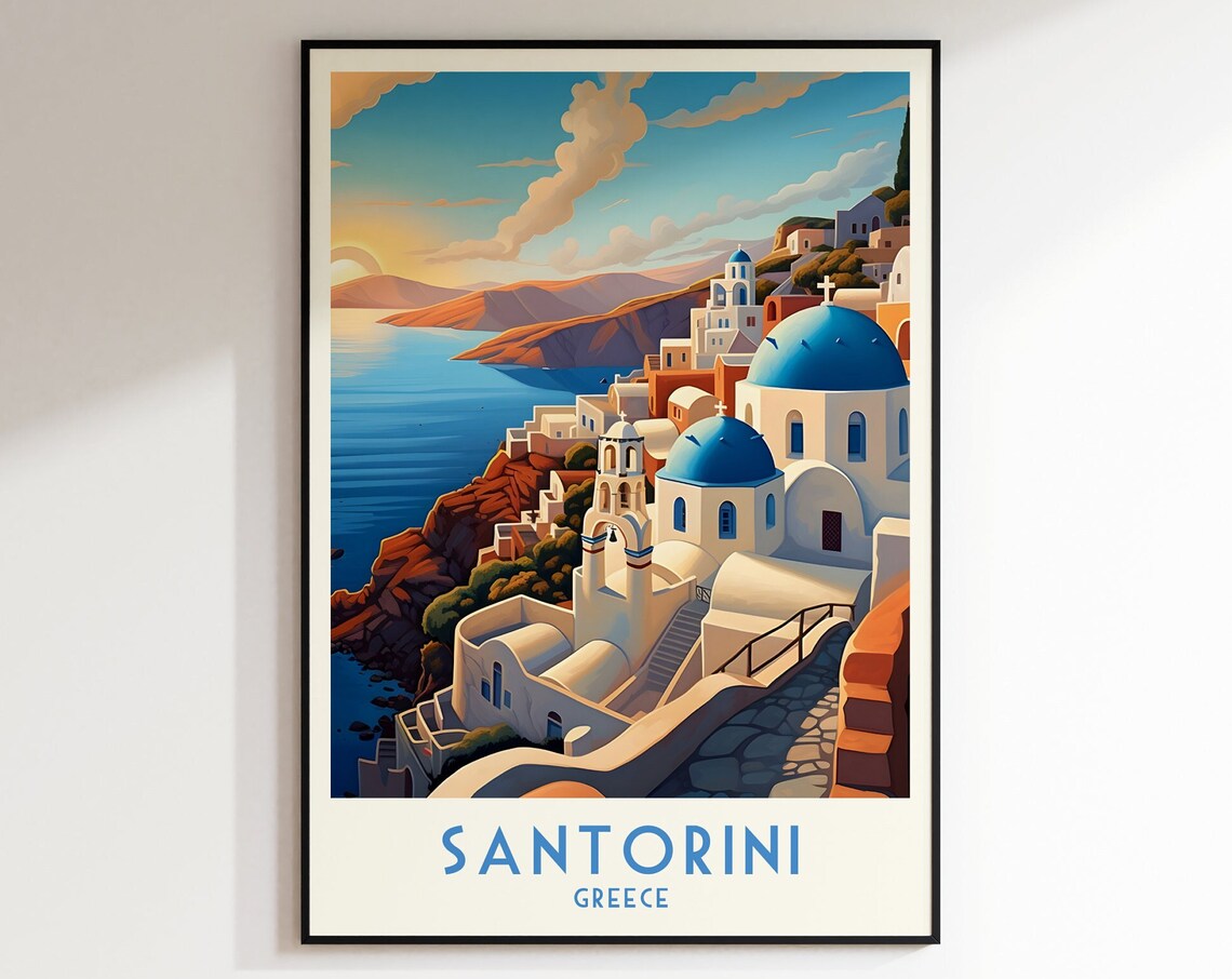 Santorini Blue Domes Oia Sunset Caldera Vintage Greece Travel Poster