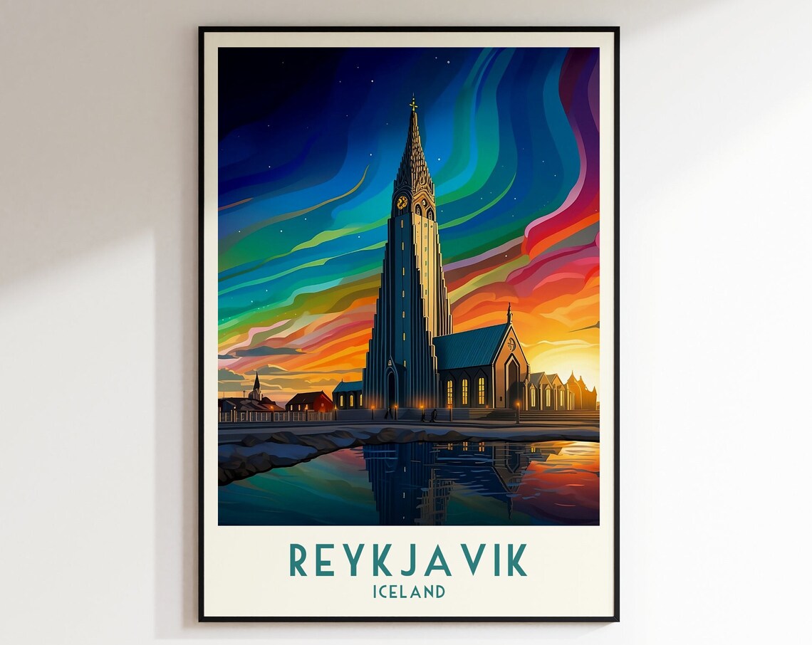 Reykjavik Hallgrimskirkja Northern Lights Night Vintage Travel Poster