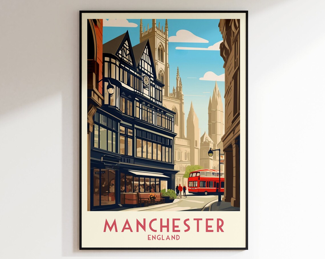 Manchester England Cathedral and Red Bus Retro Travel Poster