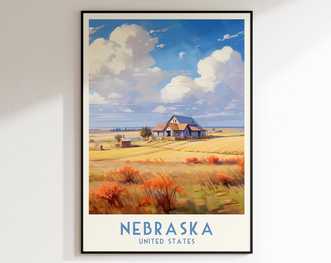 Nebraska United States Farmhouse Prairie Golden Fields Travel Poster