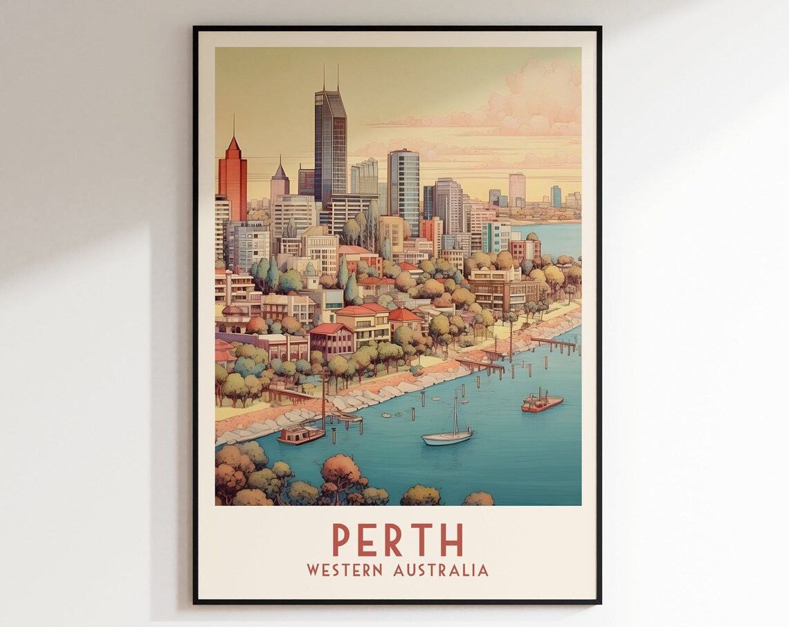 Perth Western Australia Riverside Skyline Sailboats Travel Poster