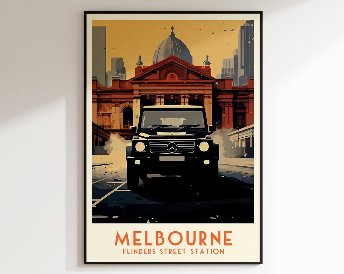 Melbourne Flinders Street Station Black SUV Retro Travel Poster Art