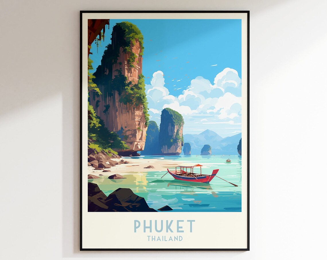 Phuket Thailand Emerald Bay Longtail Boat Sunset Travel Poster