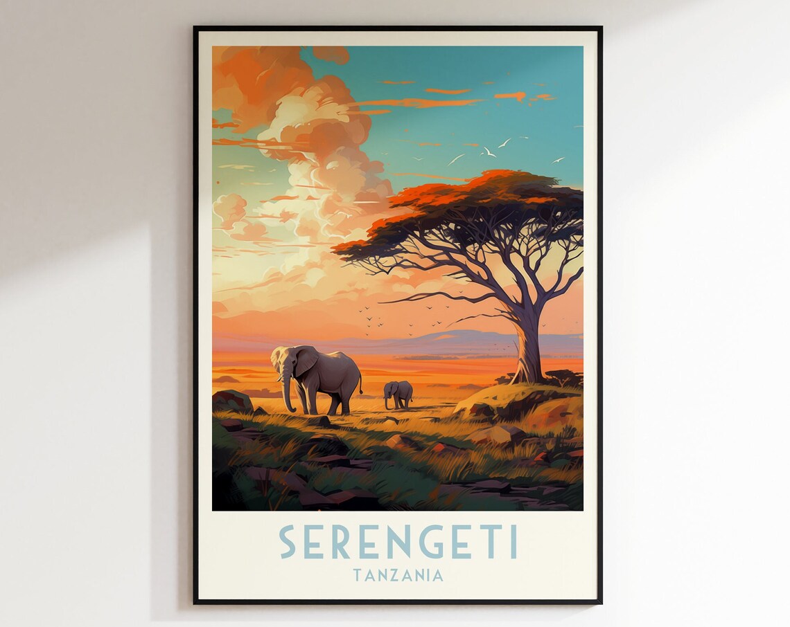Serengeti Tanzania Elephants at Sunset Savanna Travel Poster Art