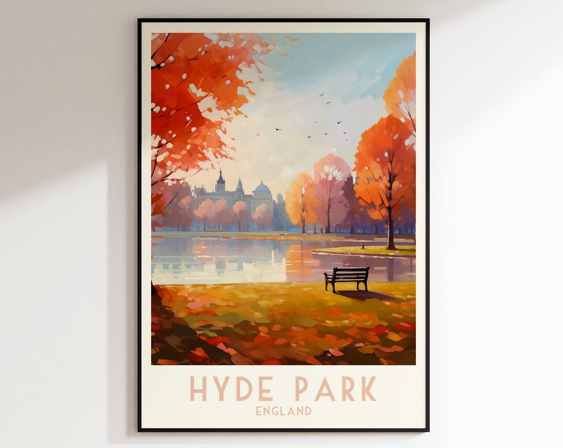 Hyde Park London Autumn Lake Bench Golden Foliage Fall Poster