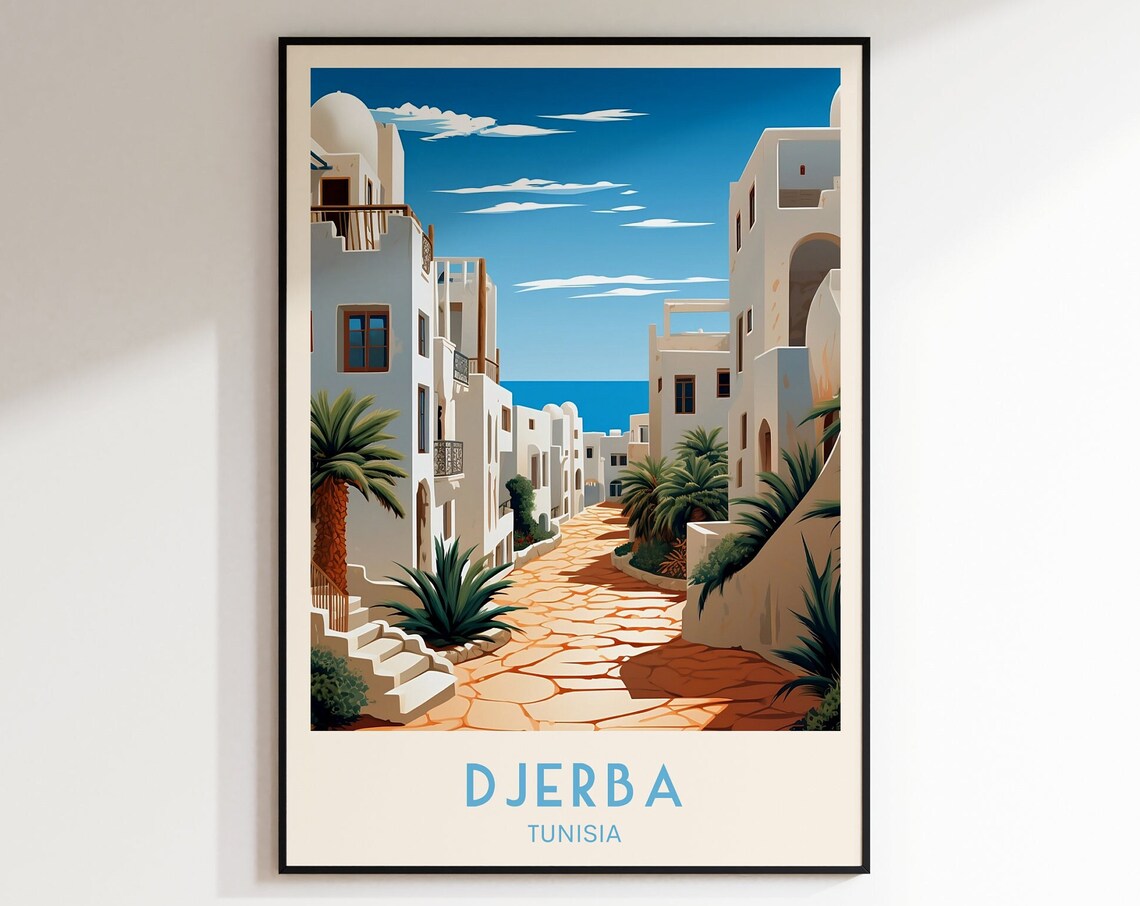 Djerba Tunisia Whitewashed Street Palms Island Retro Travel Poster