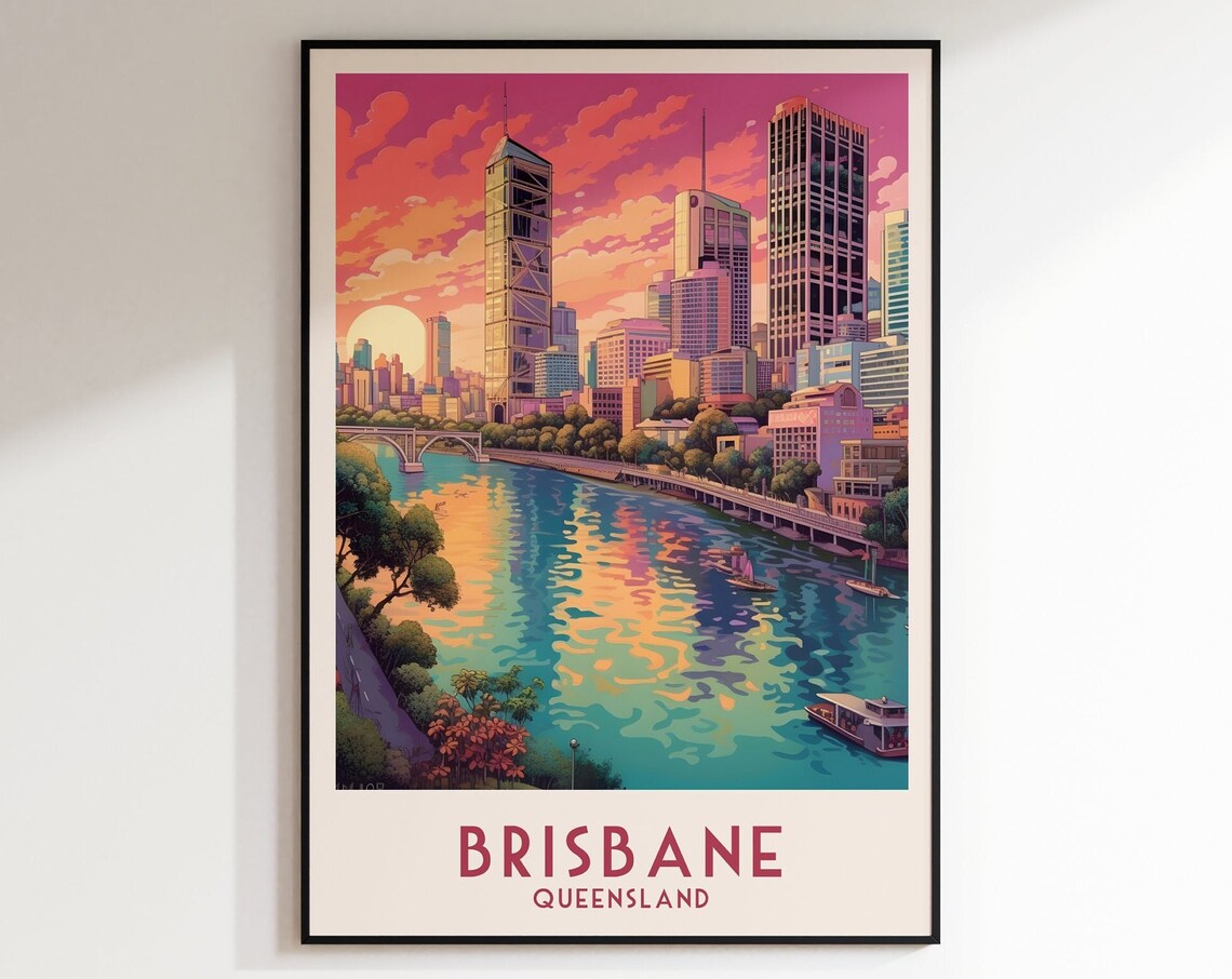 Brisbane Queensland Sunset Skyline Riverside Golden Hour Travel Poster
