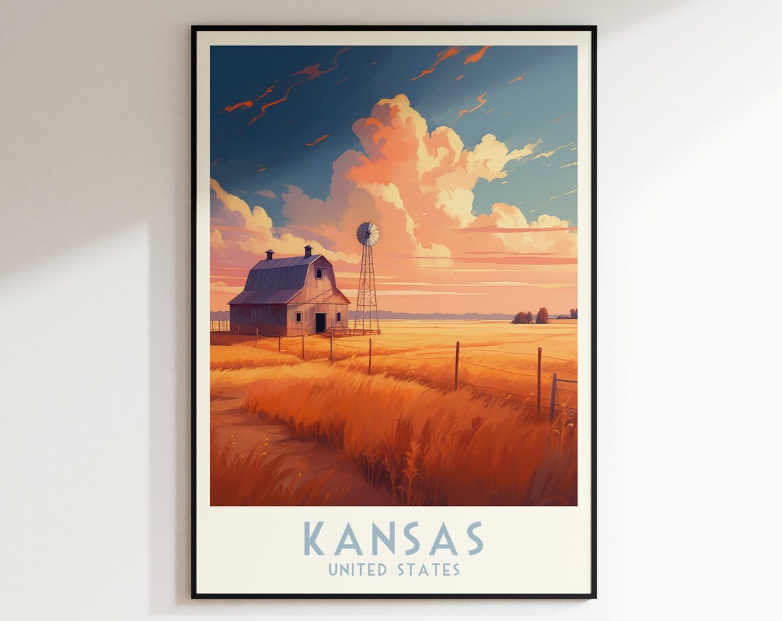 Kansas Golden Wheat Field Barn Windmill Sunset Rural Travel Poster
